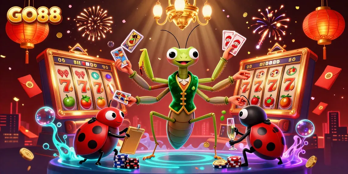 Experience thrilling action with GO88's vibrant casino scene packed with slot reels and energetic characters.