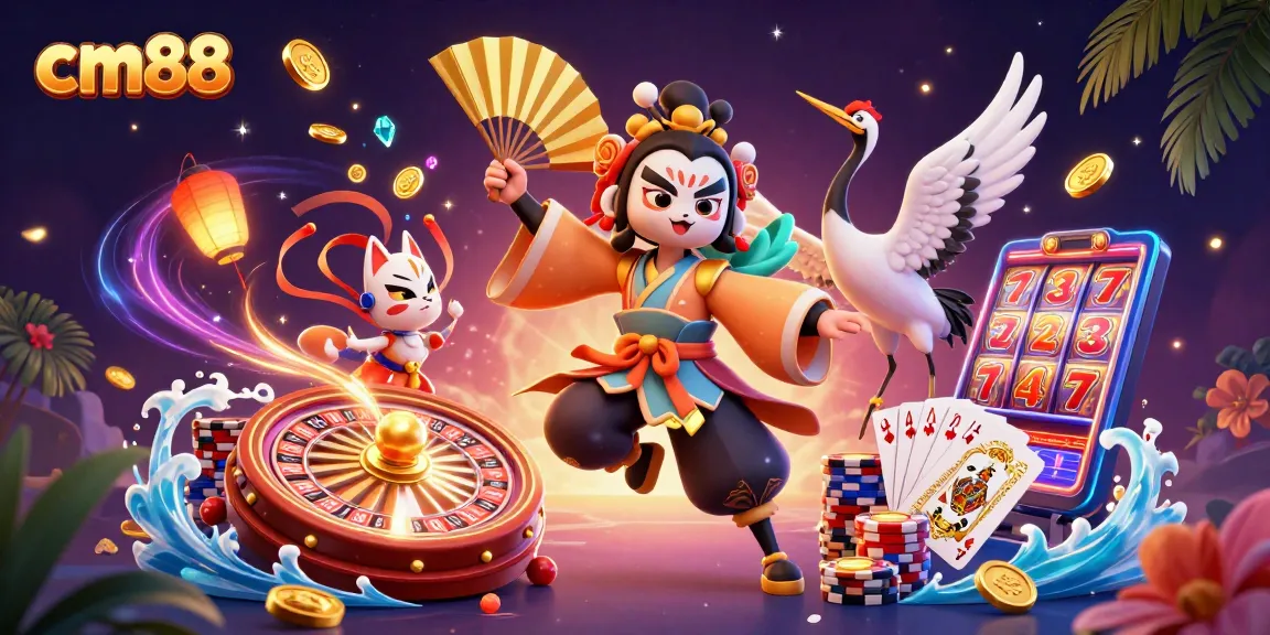 Play slots at cm88 while winning cascading coins and vibrant poker chips.