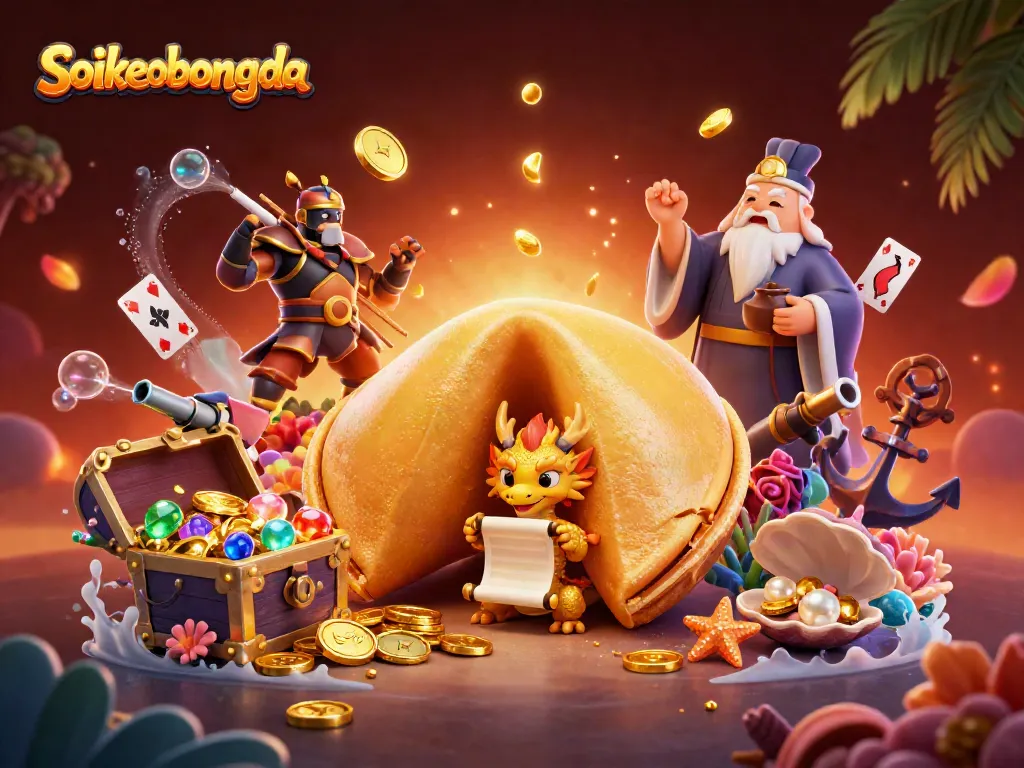 Engage with Soikeobongda through a vibrant casino scene featuring a golden fortune cookie and dragon, symbolizing luck.