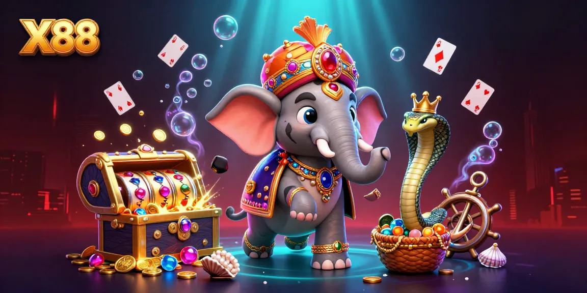 X88 offers thrilling slot adventures with a jewel-encrusted elephant and colorful gems.