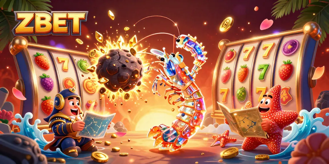 ZBET slots illustration: a vibrant scene depicting a mantis shrimp and a starfish amidst exploding golden coins and dynamic slot elements.