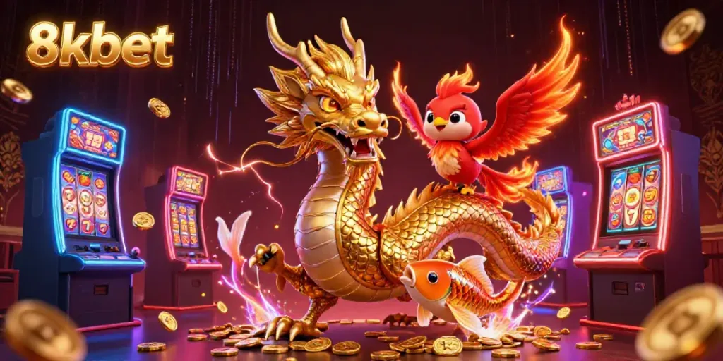 Experience the magic of 8xbet with a fierce dragon, phoenix, and koi amidst vibrant casino slots.
