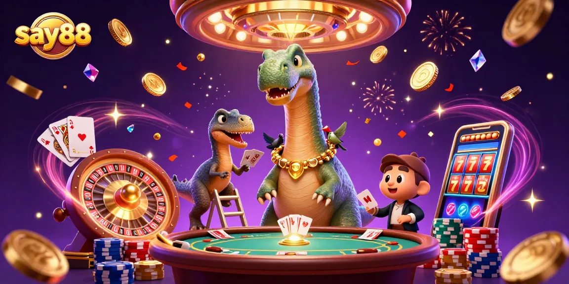 Experience the thrill of say88 casino games with a vibrant 3D scene of dinosaurs and action.