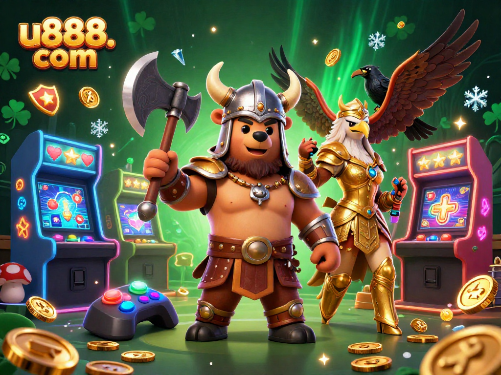 Experience the excitement of gaming with u888. com featuring a Viking bear and Valkyrie eagle in a colorful casino scene.