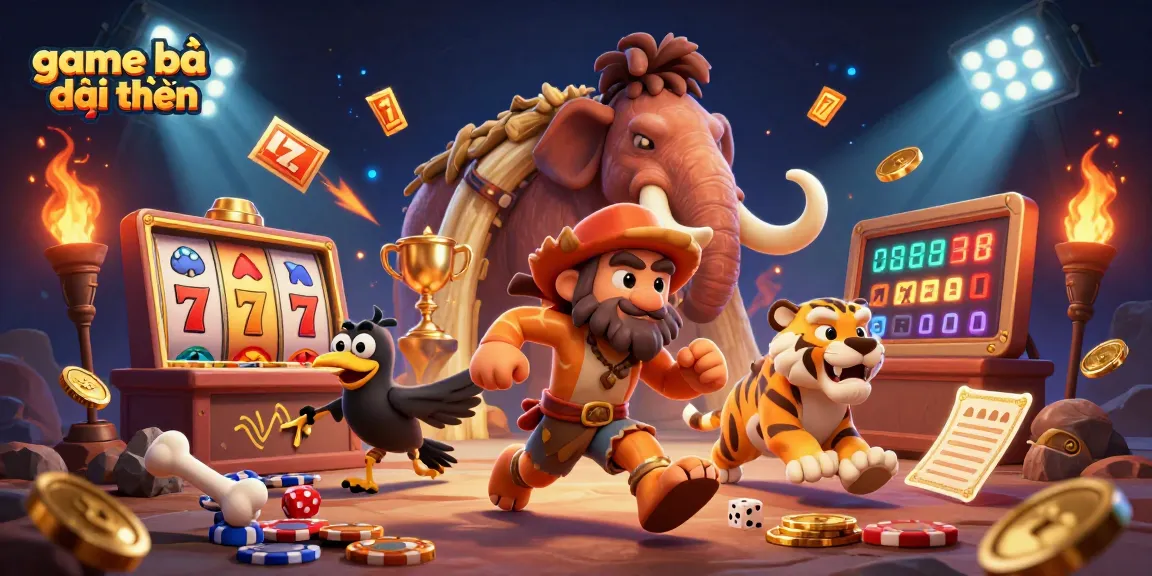 Engaging game bài đổi thưởng scene showcasing a prehistoric casino with vibrant characters and dynamic elements.