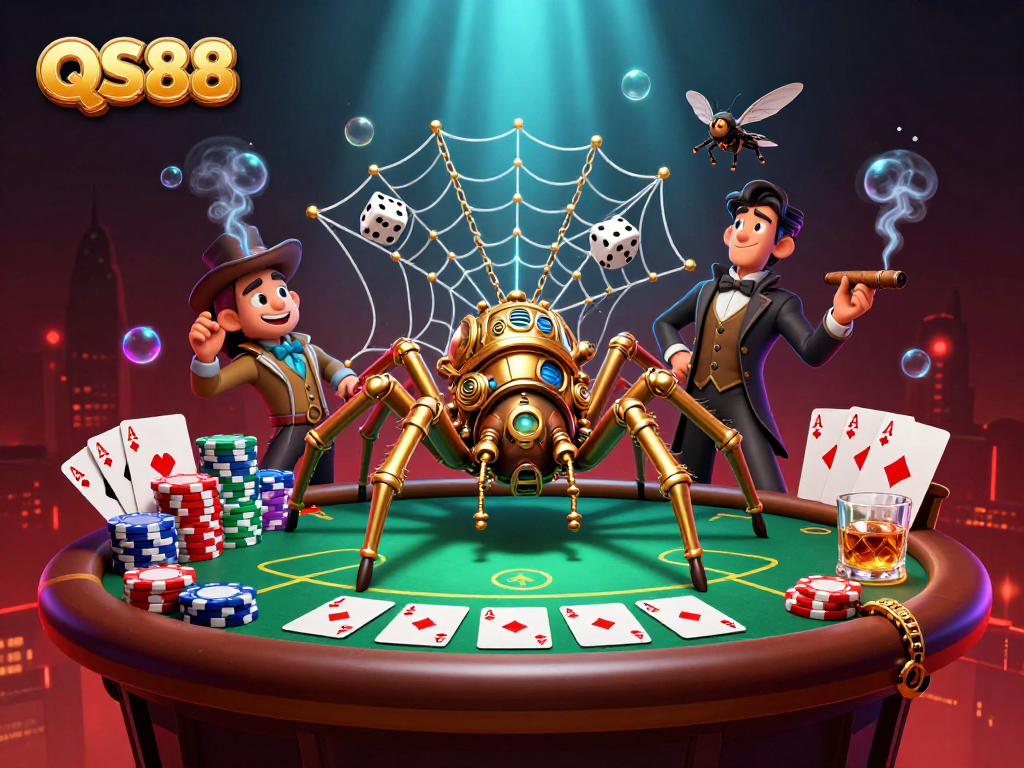 Engage with QS88 in an immersive steampunk casino scene featuring a golden spider and poker elements.
