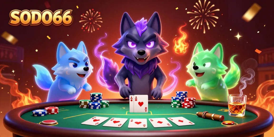 Engage with SODO66's vibrant casino scene, featuring a cartoon wolf leader flanked by ghostly companions amidst poker excitement.
