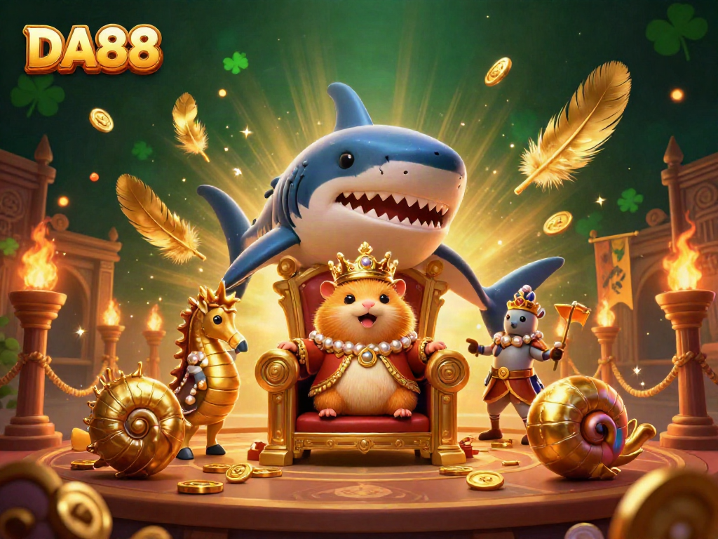Experience the thrill of DA88 with a fierce golden hamster king in a vibrant casino scene.