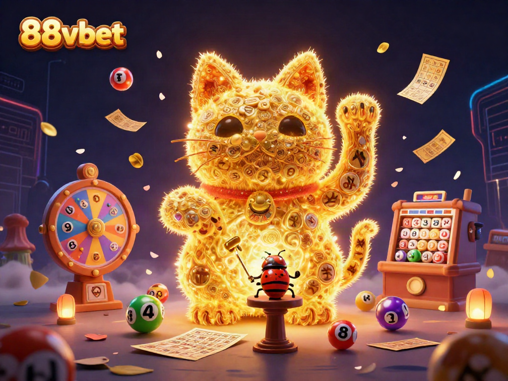 Experience excitement with 88vbet's vibrant 3D illustration featuring a lucky cat and dynamic casino elements.