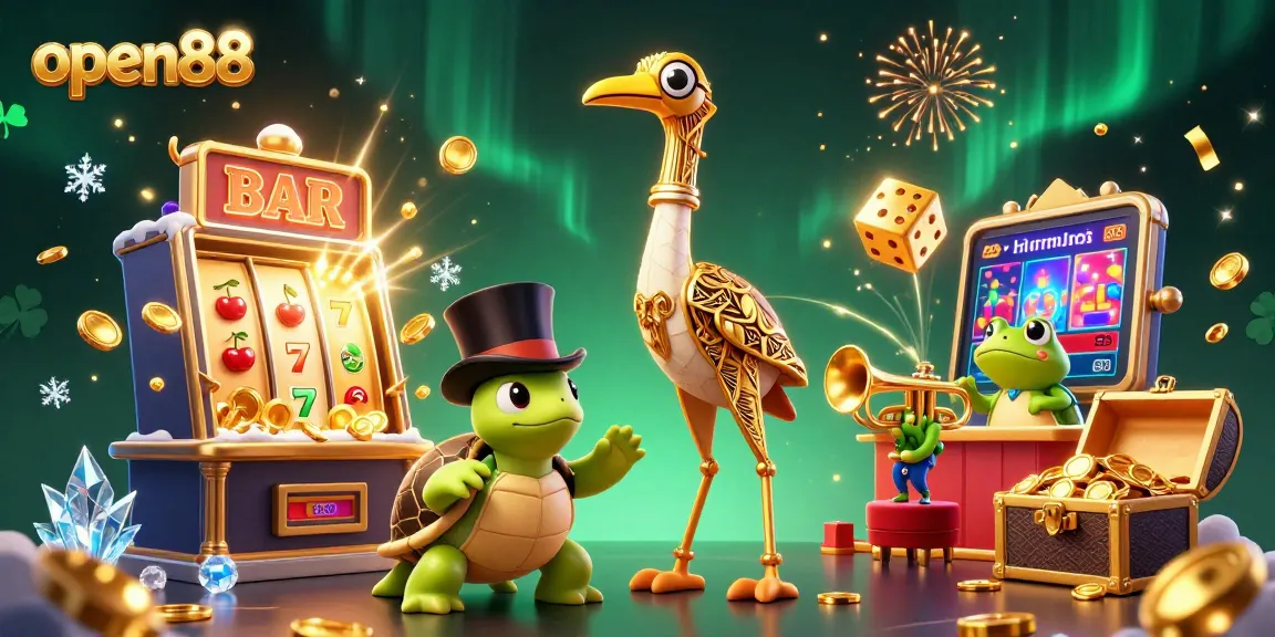 Spin and win at open88 with vibrant casino-themed characters amid a jackpot explosion