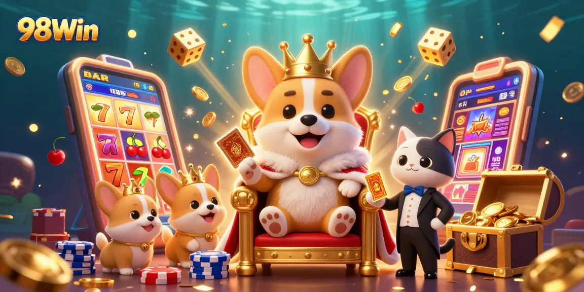 Spin jackpots with 98Win: a vibrant scene of corgi royalty surrounded by excitement and riches.