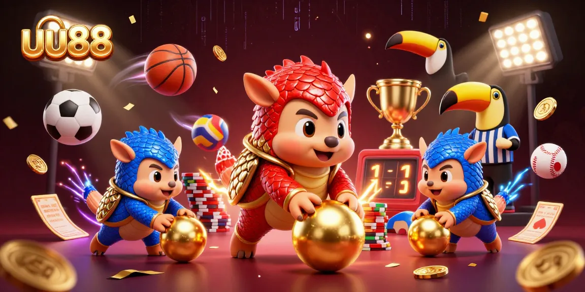 Experience dynamic gaming action at uu88 with competitive pangolins among poker chips and sports balls.