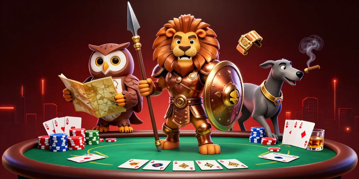 Engage with 98win in a vibrant poker scene featuring a Spartan lion, owl strategist, and greyhound messenger.