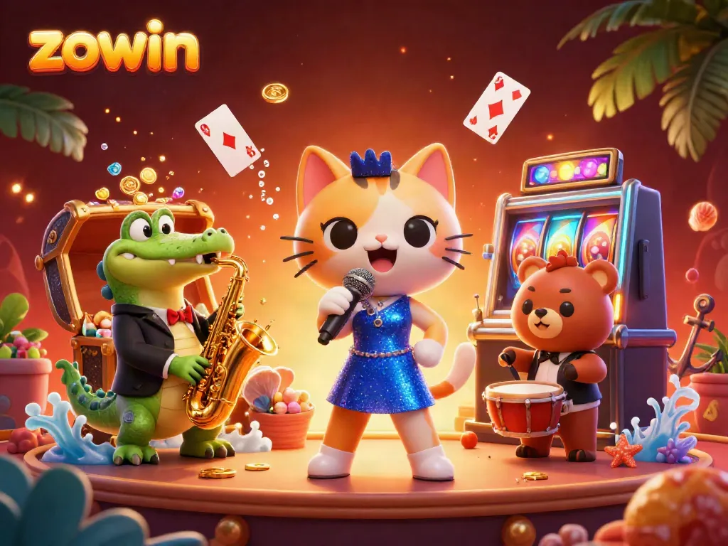 Experience the excitement of zowin in this vibrant casino scene featuring lively characters and rich game elements.