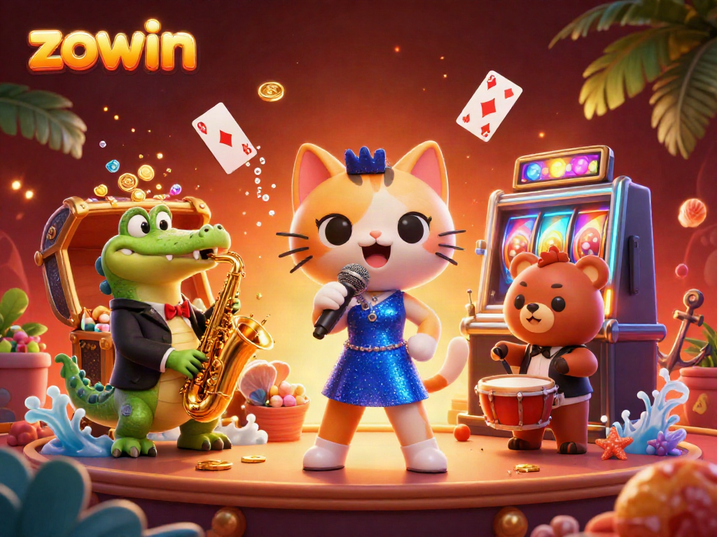 Experience the excitement of zowin in this vibrant casino scene featuring lively characters and rich game elements.