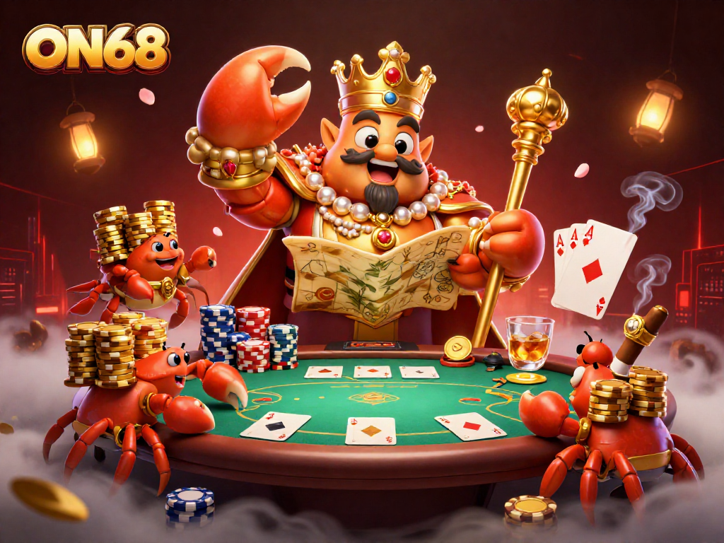 Experience the thrill at ON68 with a cartoon crab emperor leading a vibrant casino scene filled with games and riches.