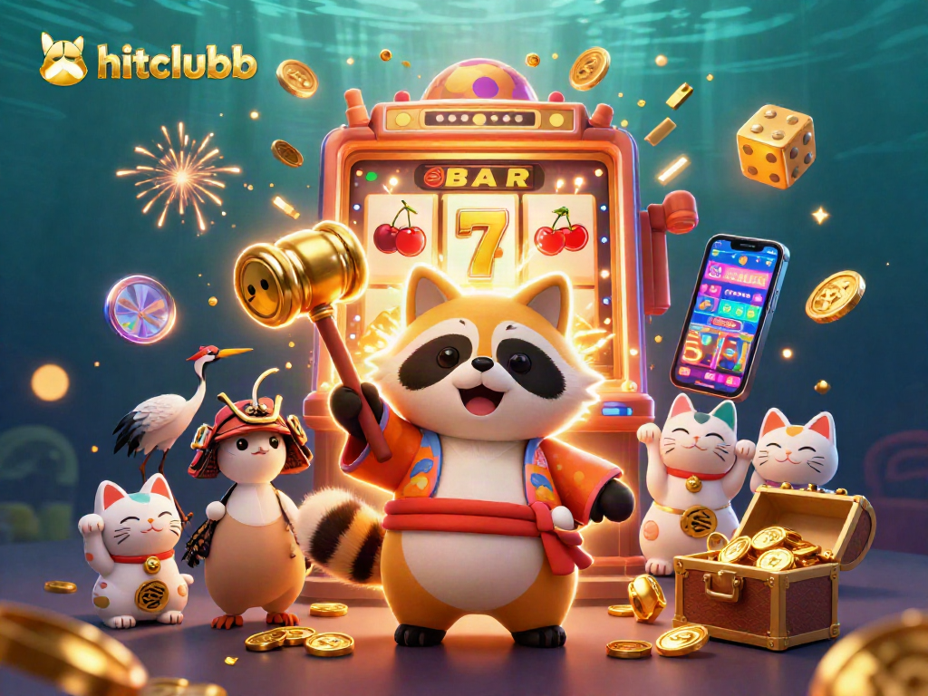 Hitclubb casino scene featuring a cheerful tanuki and maneki-neko amidst slot machines and bonuses, celebrating wins.