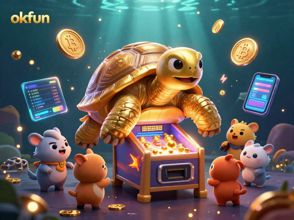 Experience the excitement of casino games with okfun's dazzling golden tortoise game scene featuring crypto elements.