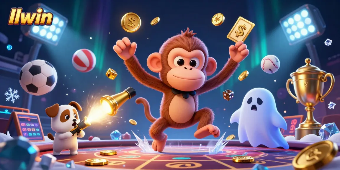 Engage in thrilling gaming with llwin as a mischievous poltergeist monkey juggles golden chips and coins.