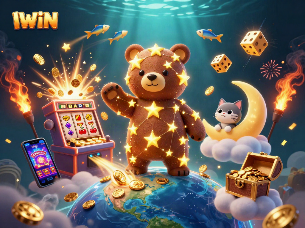 IWIN jackpot scene featuring a constellation bear, shooting star fish, slot machine explosion, and gold coins