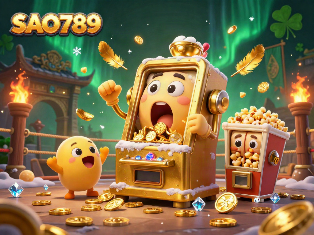 SAO789 slot machines celebrating a jackpot win in a dynamic cartoon casino illustration.