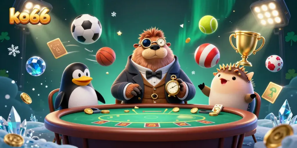 Engage in lively poker action with ko66 as a jolly walrus and friends enjoy an underwater casino scene.