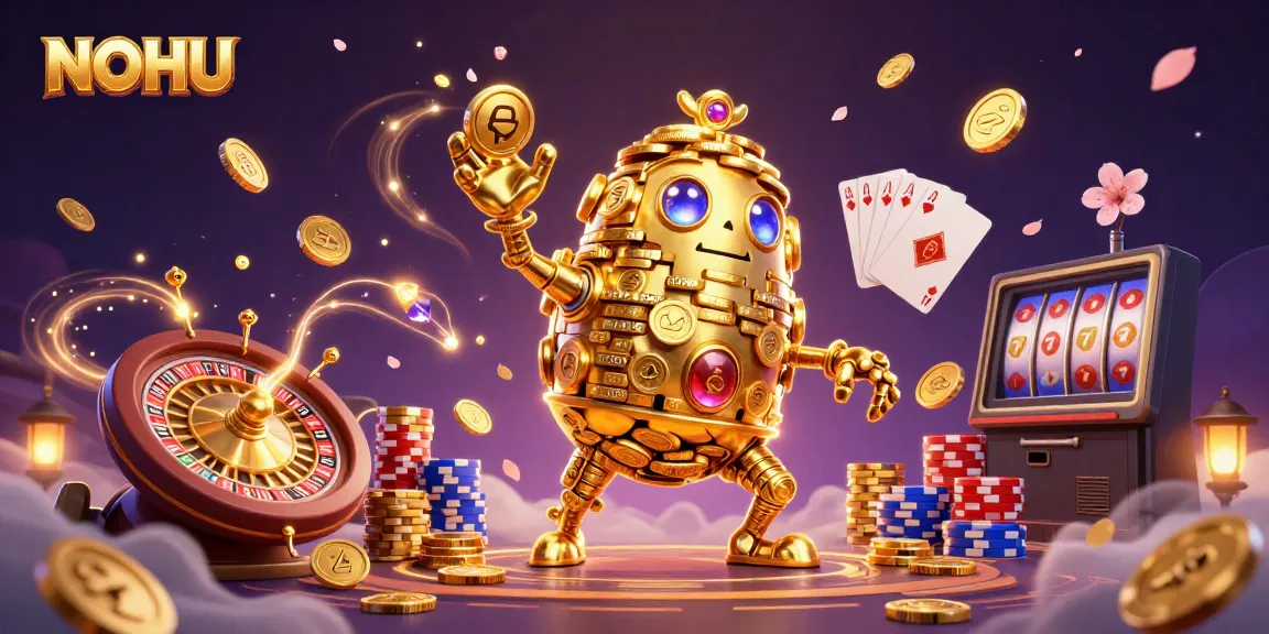Engage with NOHU's vibrant casino scene featuring a golden golem surrounded by cascading coins and game elements.