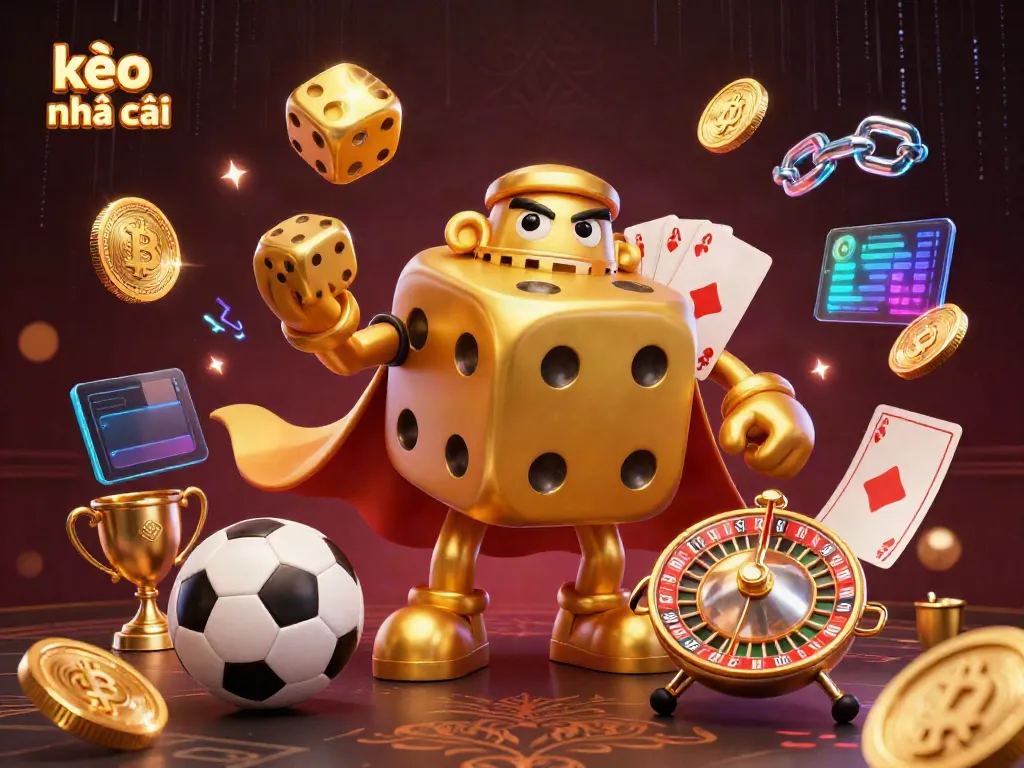 Engage with kèo nhà cái through a lively scene of a golden dice golem amidst sports betting elements.