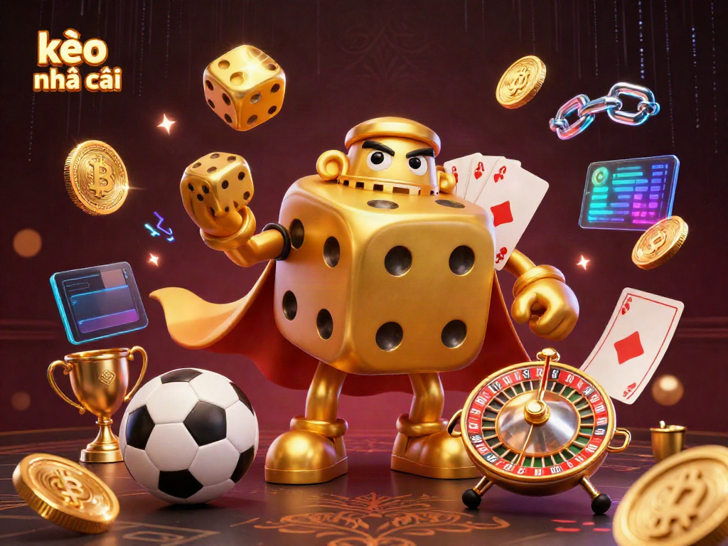 Engage with kèo nhà cái through a lively scene of a golden dice golem amidst sports betting elements.
