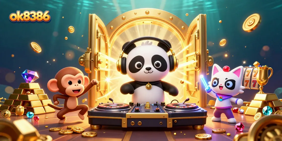 Experience the fun of ok8386 with vibrant casino-themed 3D illustration showcasing slot elements and lively characters.