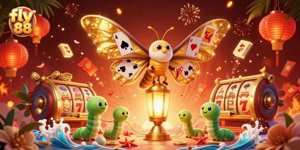Experience the exciting world of fly 88 with captivating scenes of slot reels, golden coins, and festive lanterns.