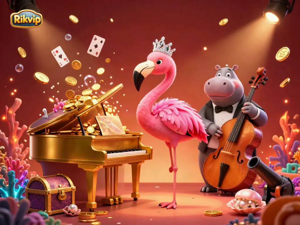 Celebrate winning at Rikvip with a vibrant scene featuring diverse casino elements and energetic animal performers.