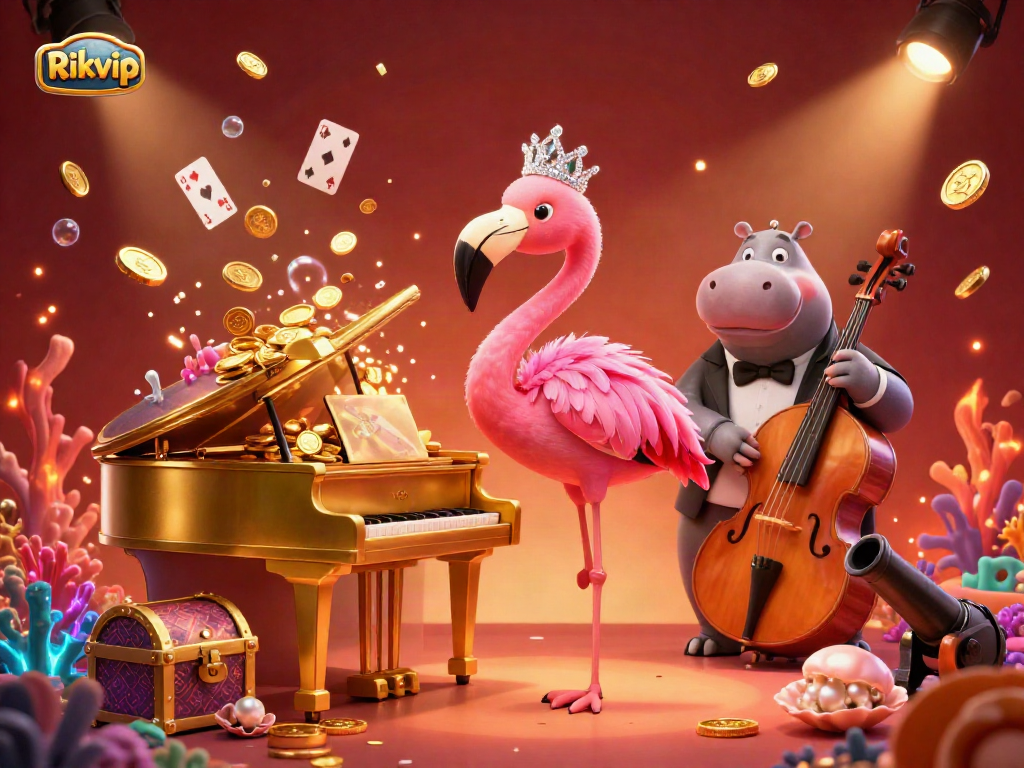 Celebrate winning at Rikvip with a vibrant scene featuring diverse casino elements and energetic animal performers.