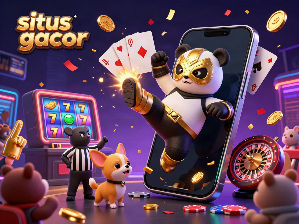 Situs slot gacor visualizes an exciting 3D cartoon wrestling scene with dynamic casino elements and vibrant celebrations.