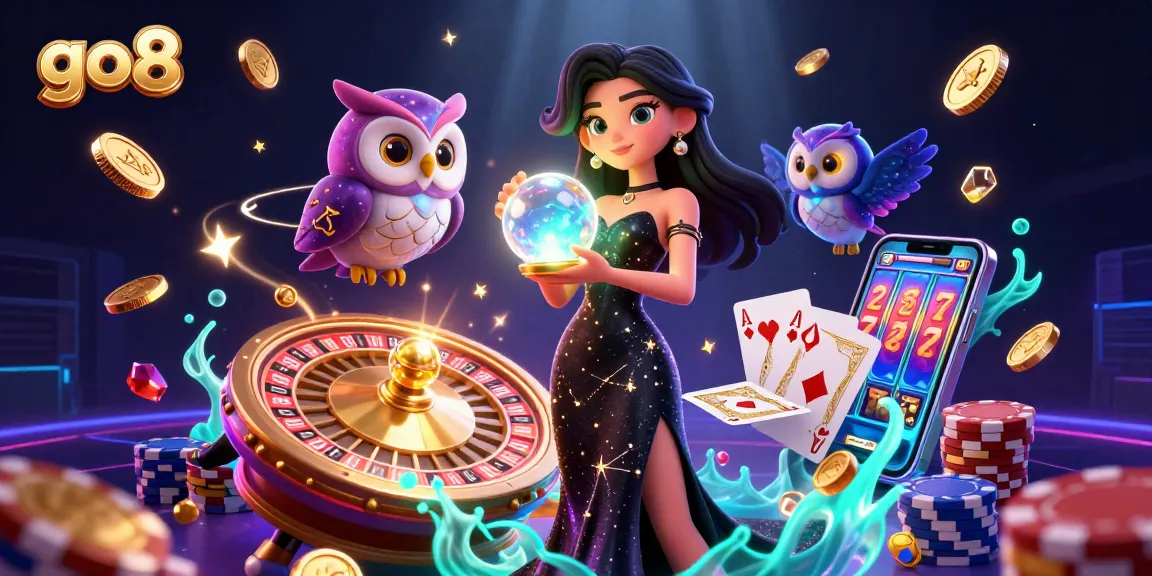 Experience thrilling jackpots at go8 with a dazzling 3D gaming illustration featuring vibrant characters and casino elements.