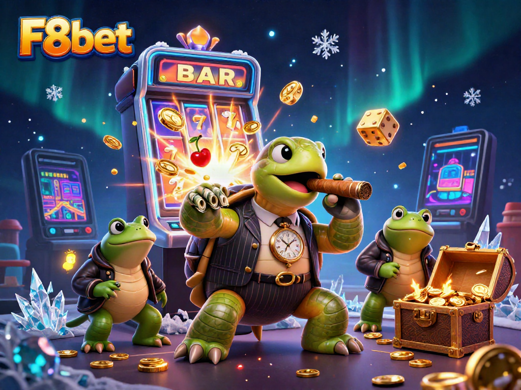 Experience the excitement of F8bet with a whimsical casino-themed scene featuring a turtle mobster and bullfrog enforcers.