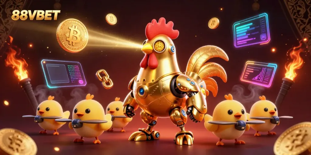 Engage with the dynamic gaming scene featuring 88VBET's golden rooster robot and crypto elements.