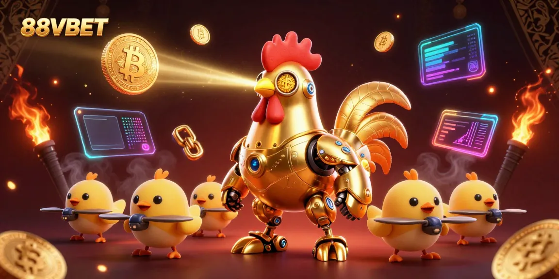 Engage with the dynamic gaming scene featuring 88VBET's golden rooster robot and crypto elements.