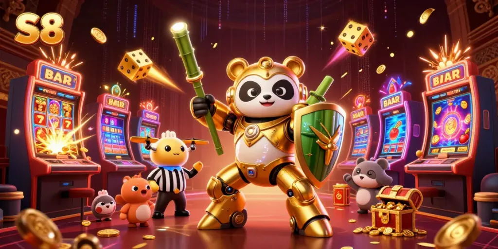Engage in the vibrant world of S8 with a dazzling jackpot explosion in a colorful casino scene.