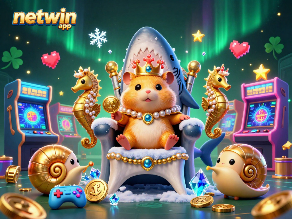 Engage with the netwin app, featuring a golden hamster king and dynamic gaming elements in a vibrant casino setting.