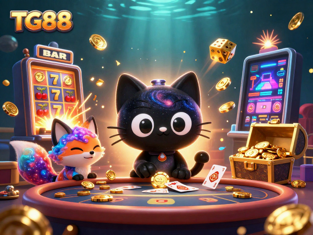 Engage with TG88 at a vibrant cosmic casino, where a black hole cat and nebula fox bring luck and excitement!
