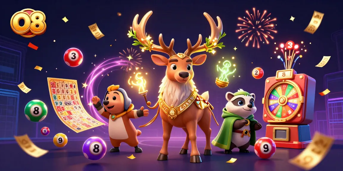 Experience the excitement of O8 with vibrant lottery elements and enchanting characters in an immersive casino scene.