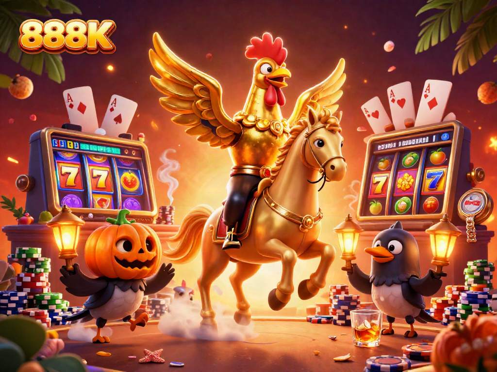 Experience thrilling gameplay with 888K, where the golden rooster leads the action in a vibrant casino scene.