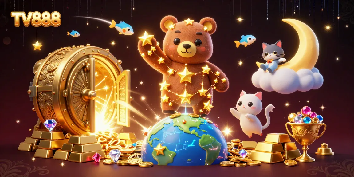 Experience TV888 with golden treasures and vibrant casino elements in a dynamic 3D scene.