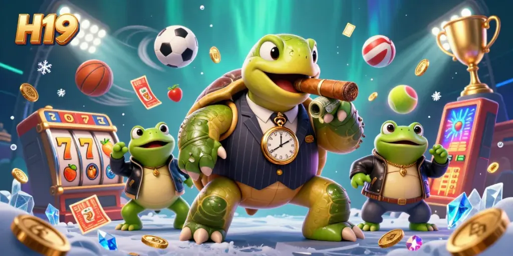 H19 themed casino scene with a cartoon turtle in a mobster suit, slot games, and dynamic sports elements.