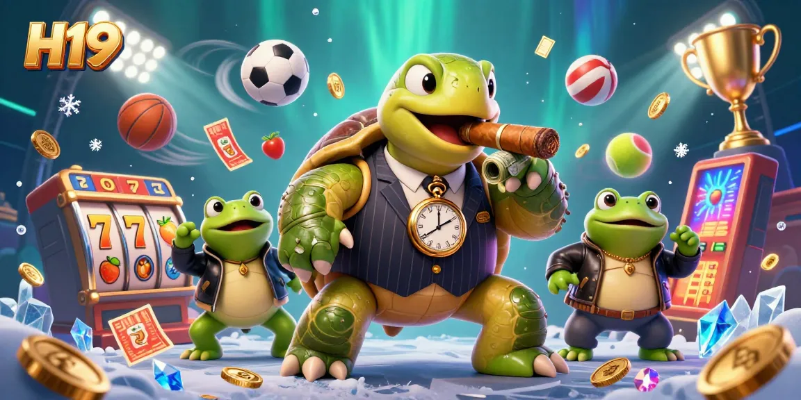 H19 themed casino scene with a cartoon turtle in a mobster suit, slot games, and dynamic sports elements.