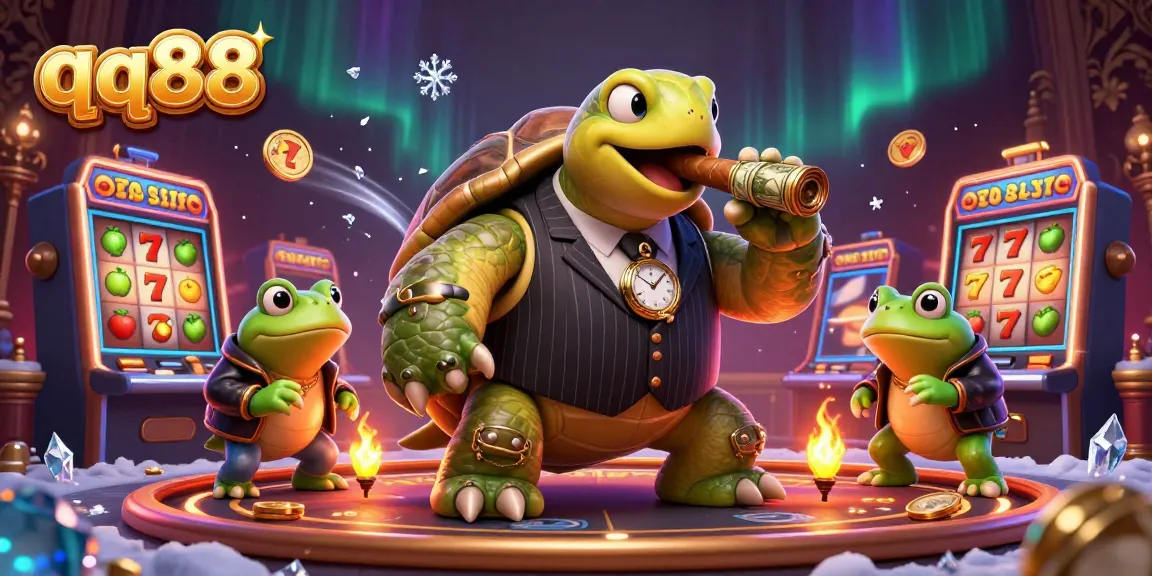 Experience thrilling gaming action at qq88 with cartoon characters amidst vibrant slot machines.