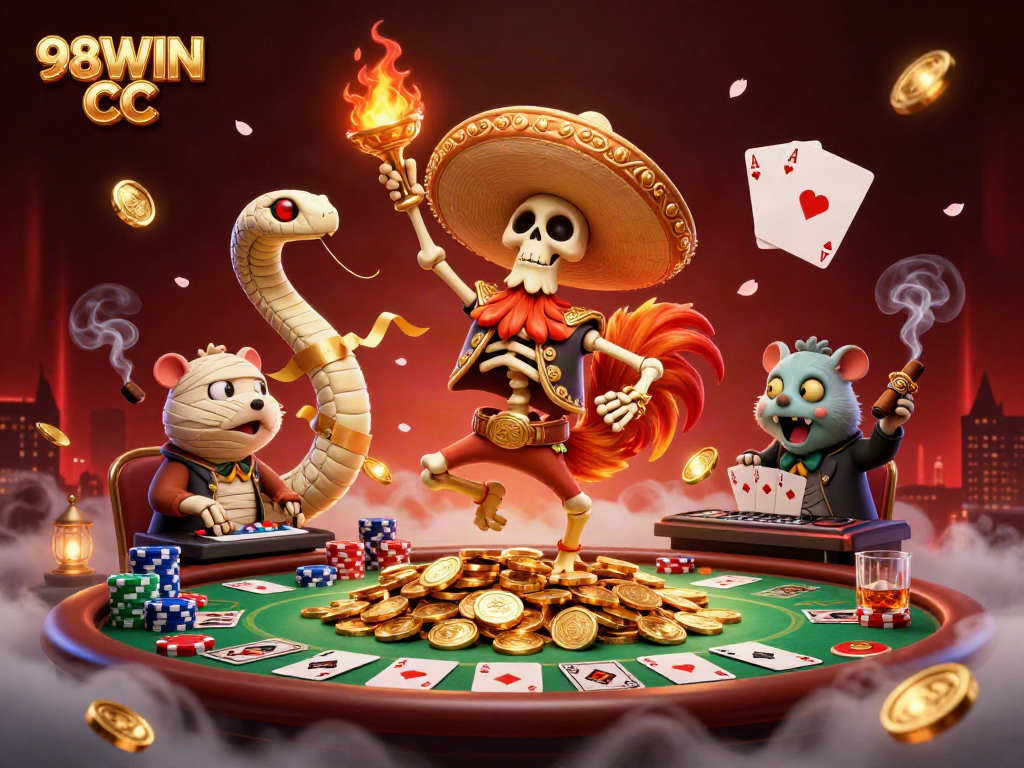 98WIN CC showcases a lively victory scene in a casino-themed illustration filled with characters and gaming elements.