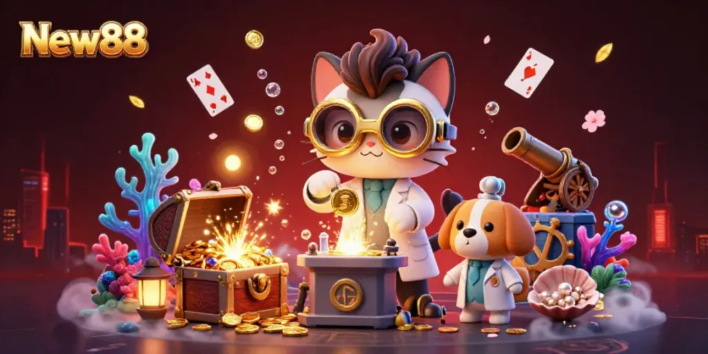 Engaging scene depicting New88's vibrant gaming experience with 3D characters, gold coins, and sparkling elements.
