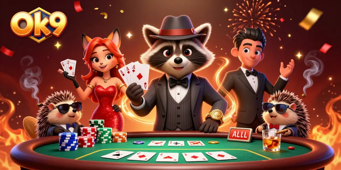 Gamble with Ok9 and score big with a royal flush at the poker table adorned with chips and confetti.